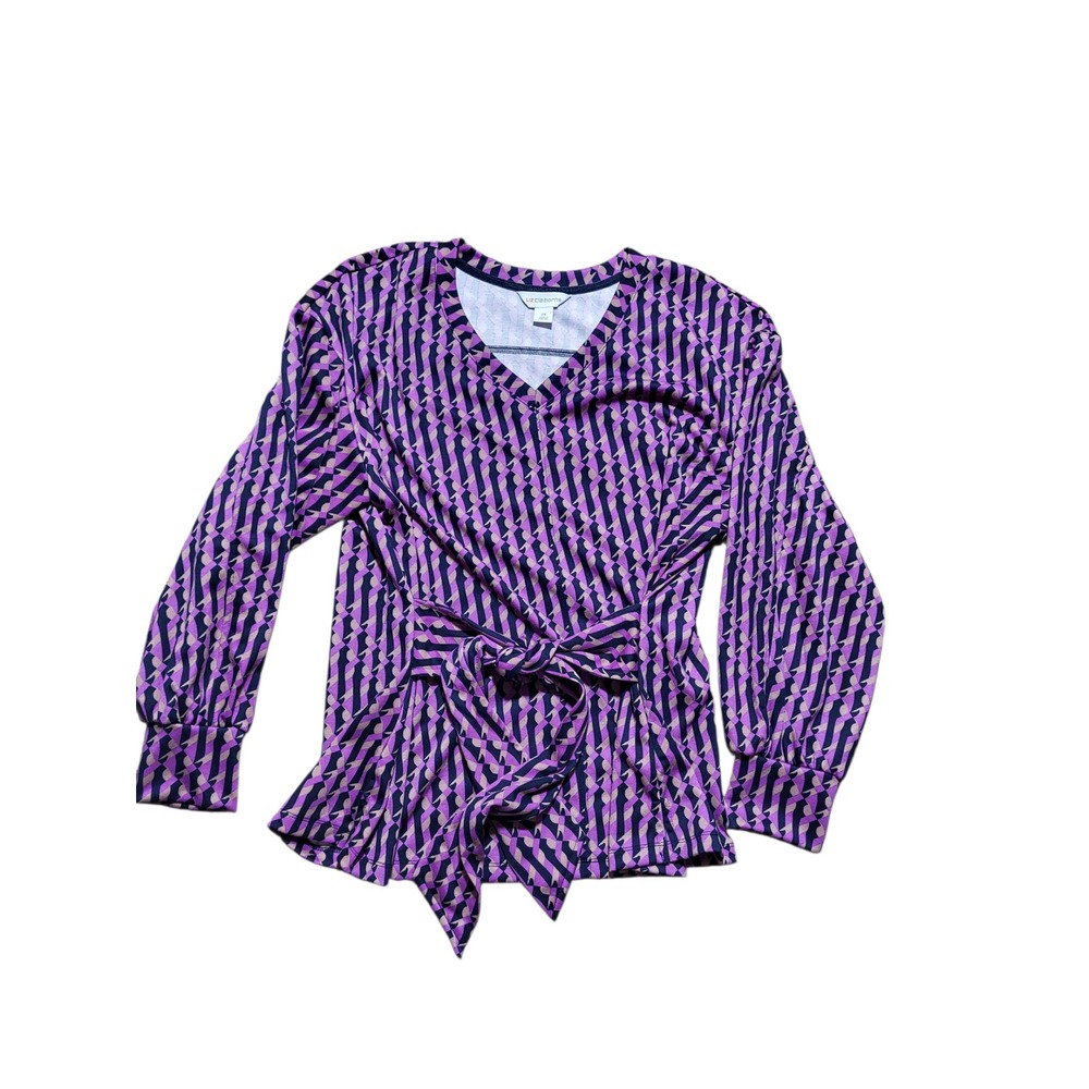 Liz Claiborne Blouse V-Neck Long Sleeve Tie Waist Purple Pattern 0X - Picture 5 of 5